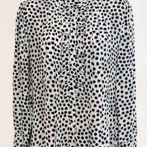 Victor Alfaro silk off white blue polka dot long sleeve ruffle